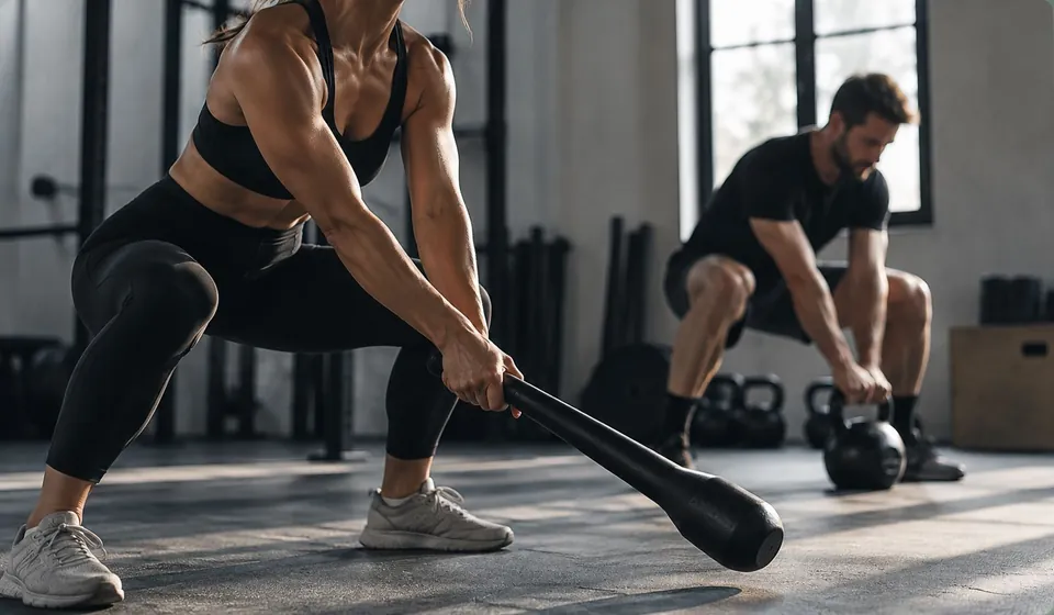 Donna in affondo laterale con una clava e uomo che solleva un kettlebell, in una palestra luminosa